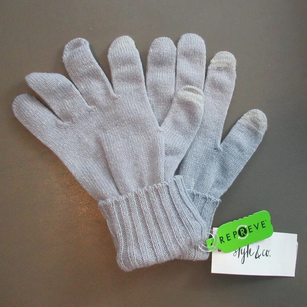 Style & Co. Women's Knit Gloves, Gray Shiny Sparkle, One Size